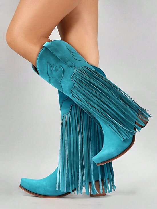 Blue Turquoise  Western Women's Cowboy Mid Calf Fringe Pull On Boots - Picture 2 of 7